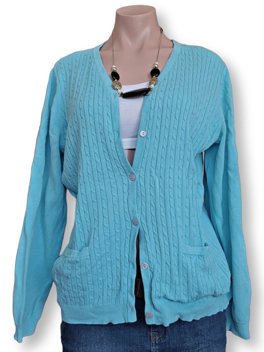 Alia Vivid Royal Blue Cable Knit Oversized Cardigan Sweater (L)